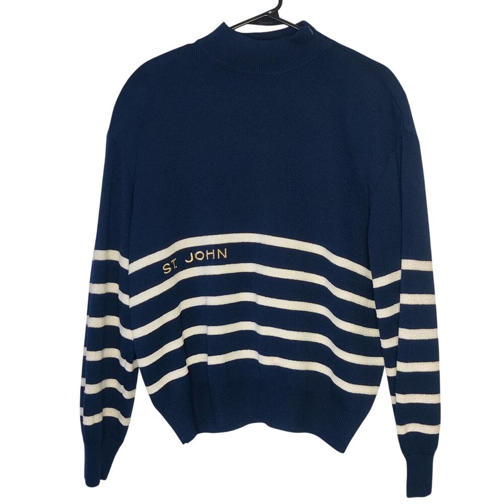 Vtg St John Navy Blue Nautical Stripe Mock Neck Santana Knit Sweater Medium